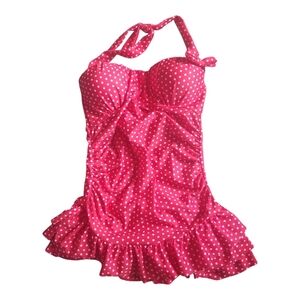 Red and White Polka Dot Ruffled One Piece Swimwear